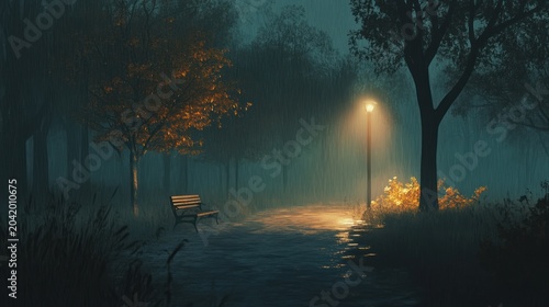 Misty park path with bench and lamppost at night