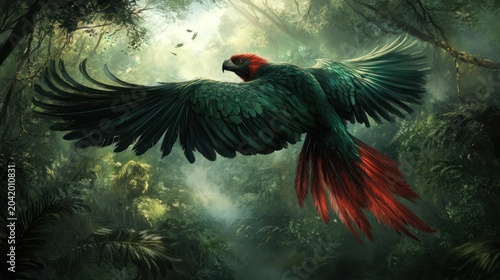 Majestic parrot in flight, lush jungle, sunlight filtering through trees