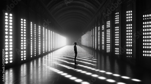 Man in a sunlit gallery corridor