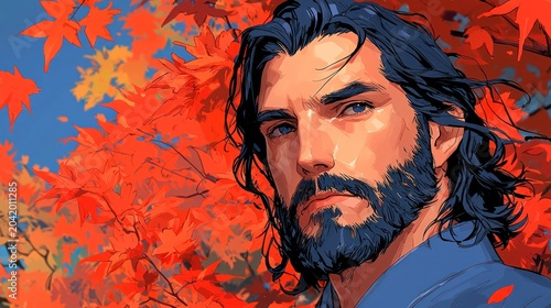Man with beard, autumn leaves, thoughtful gaze