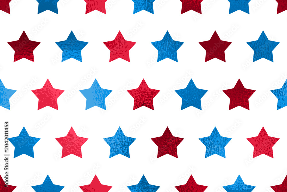 Fototapeta premium Seamless blue red star pattern, gradient textured US flag colors on white background. Vector background for american national holiday, Labor, Independence Day. Christmas gift wrapping paper