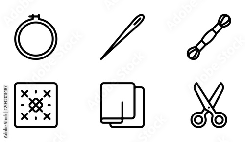Fotografie Embroidery Icons Set, Cross Stitch Tools, Needlecraft Supplies, Sewing Kit Vecto