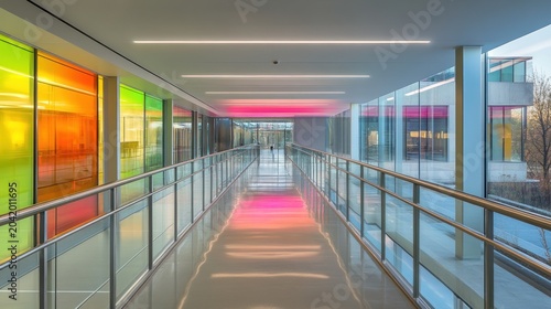 Modern colorful walkway in a vibrant office building with glass walls