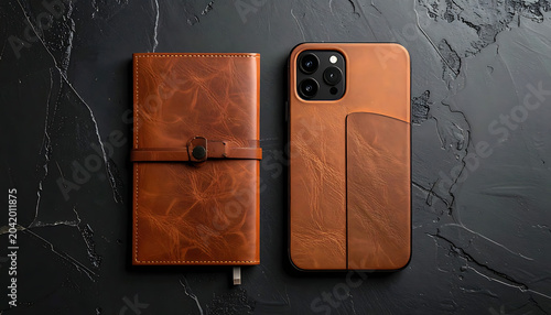 Brown leather-bound journal and smartphone case with textured surface, laid flat on dark textured background, top-down view