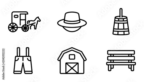 Tableau sur toile Amish Country Icons: Horse Carriage, Barn, Overalls, Hat, Butter Churn, Bench Ve