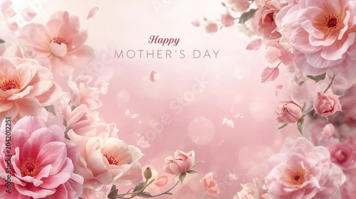Elegant Mother's Day celebration background with soft pink floral arrangements and shimmering light effects, perfect for a sophisticated feminine theme of love and gratitude