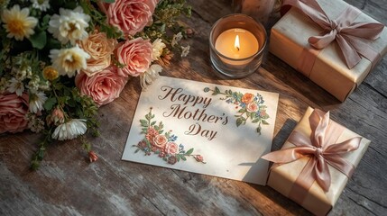A heartwarming scene of a handmade Mother's Day card with floral accents, nestled amongst blooming flowers, a lit candle, and beautifully wrapped gifts on a rustic wooden surface