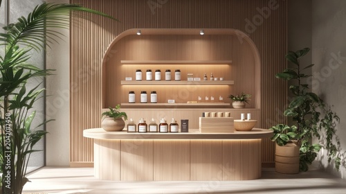 Modern wooden wellness store interior with plants and sunlight