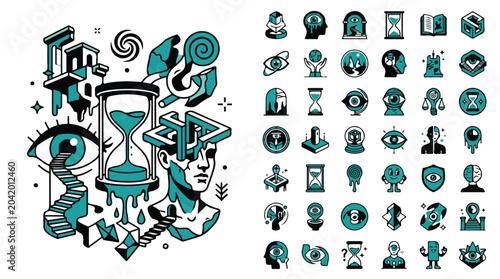 Tableau sur toile Surreal philosophy vector icons set, conceptual psychology and time symbols, tea