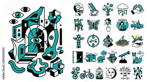 Obraz na płótnie Surrealist vector illustration and 25 icons set, abstract teal and black mystica