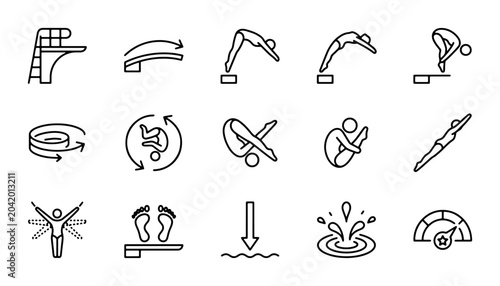 Schilderij op canvas Diving Icons Set, Water Sports Pictograms, Swimming Pool Action Graphics, Aquati