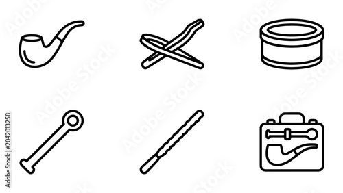 Bild auf Leinwand Pipe Smoking Accessories Icons, Tobacco Tin, Tamper, Cleaner Set, Vintage Style