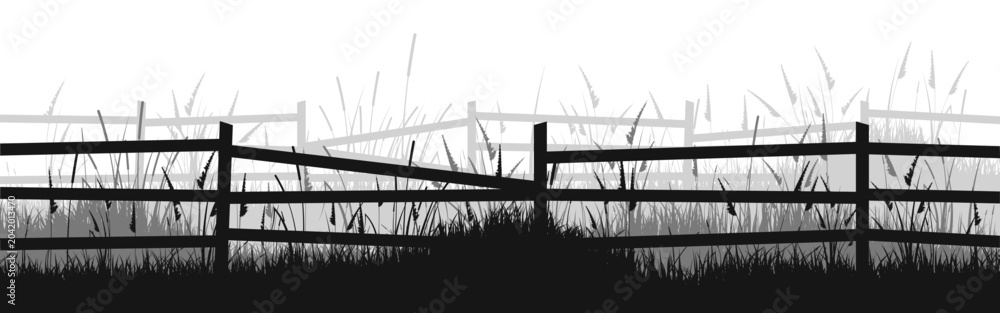 Obraz premium Meadow silhouettes with grass and old wooden fence. Countryside, panoramic summer lawn rural landscape with herbs, weeds. Herbal border, frame element. Black horizontal banners. Vector illustration