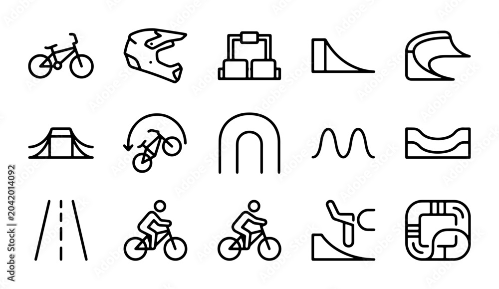 Fototapeta premium BMX Bike Icons, Extreme Sports Vector Set, Bicycle Tricks & Park Elements