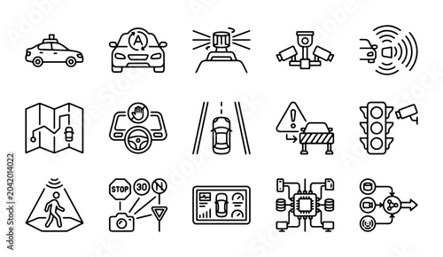 Cuadro en lienzo Autonomous Driving Icons: AI Car Tech, Sensor Systems, Navigation, Traffic Contr