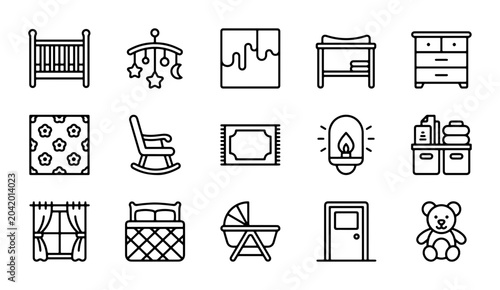 Tableau sur toile Nursery Furniture Icons, Baby Room Essentials Set, Childcare Vector Graphics, To