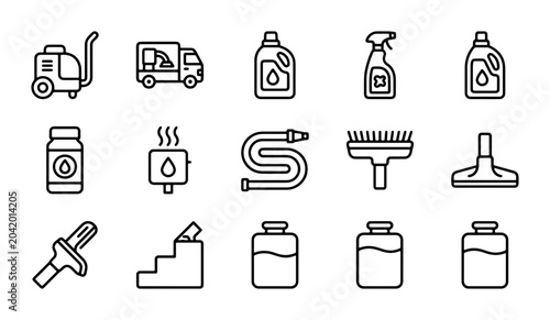 Foto Cleaning Service Icons: Steam Cleaner, Van, Bottles, Hose, Brush, Vacuum, Stairs