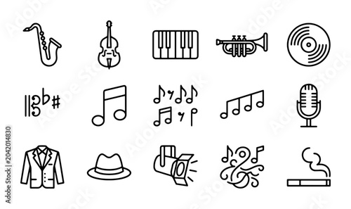Canvas Print Vector Music Icons Set: Saxophone, Violin, Piano, Trumpet, Vinyl Record, Notes,