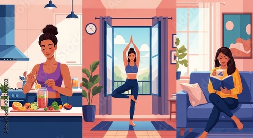 Young woman making healthy smoothie in kitchen, doing yoga by window, reading with tea.