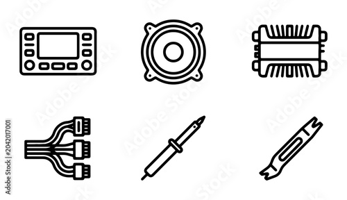 Foto Audio Equipment Icons, Car Stereo Components, Electronics Tools, Vector Set