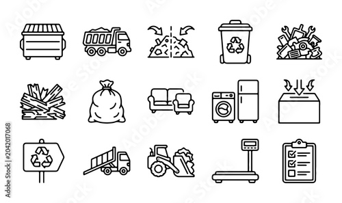 Cuadro en lienzo Waste Management Icons: Recycling, Garbage Truck, Dumpster, Bulky Items, Sorting