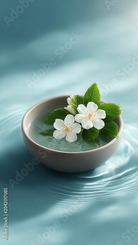 White flower green leaf silver bowl water reflection spa relaxation freshness nature tranquility create peaceful mood