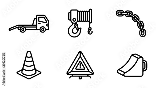 Foto Roadside Assistance Icons: Tow Truck, Crane, Chain, Cone, Warning Sign, Wheel Ch