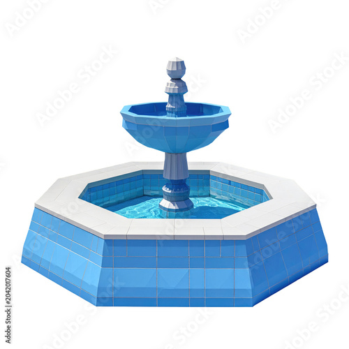 Low-poly 3D render of a blue tiered fountain, octagonal base, clean background