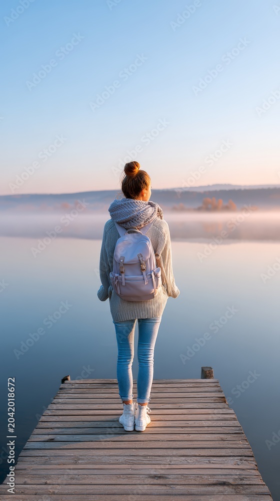 Obraz premium Young woman with backpack standing on a wooden jetty over a mist-covered lake at sunrise peaceful background for travel poster
