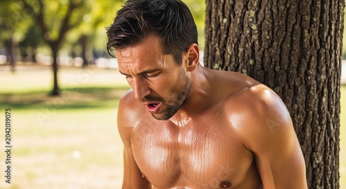 Sweaty man with athletic build, wearing sportswear, leaning against a tree in a park, taking a break from exercise.