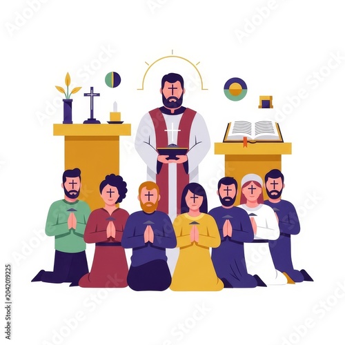 Ash Wednesday illustration of priest leading prayer with diverse congregation
