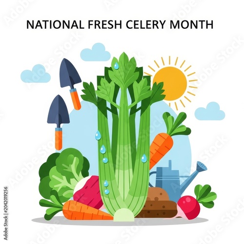 National Fresh Celery Month illustration with garden tools and vegetables