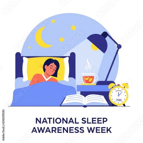 Flat illustration for National Sleep Awareness Week featuring woman sleeping