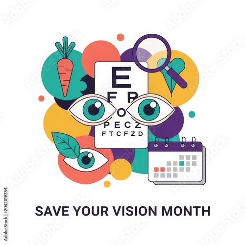Save Your Vision Month illustration with eyes, chart, and calendar