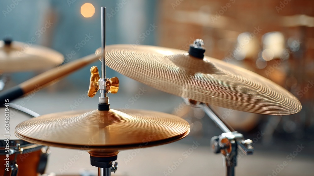 Obraz premium Close-up of golden cymbals in a vibrant music studio setting.