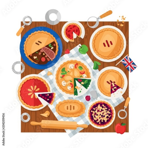 British Pie Week celebration with diverse pies and baking tools vector illustration