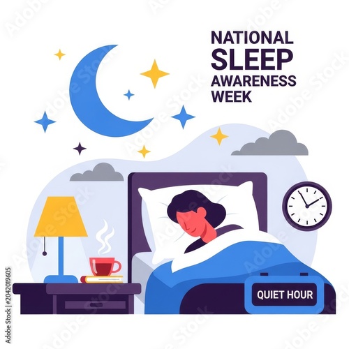 Woman sleeping peacefully during National Sleep Awareness Week illustration