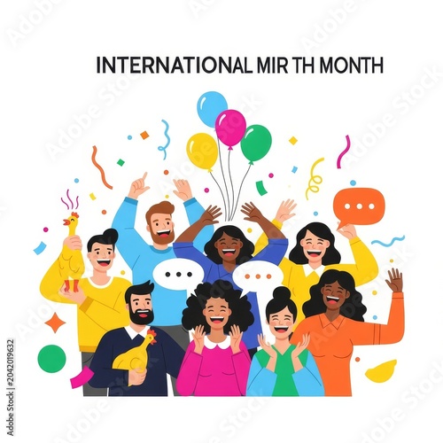 Diverse group celebrating International Mirth Month with balloons and confetti