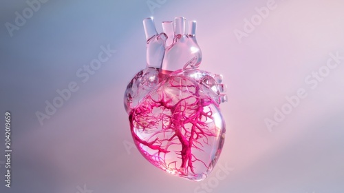 Artistic rendering of a transparent heart showcasing intricate blood vessels.