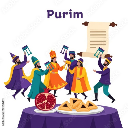 Purim celebration illustration with people, groggers and hamantaschen