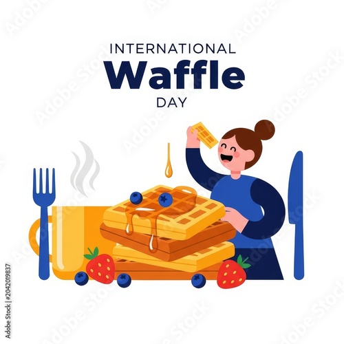 Flat illustration for International Waffle Day with happy person and waffles