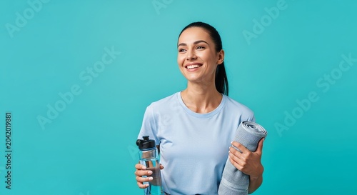 Young woman in activewear holding water bottle and yoga mat on turquoise background