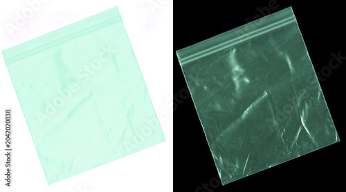 Transparent plastic zipper bag mockup, empty polyethylene zip lock pouch on white and black background, wrinkled plastic texture for packaging design