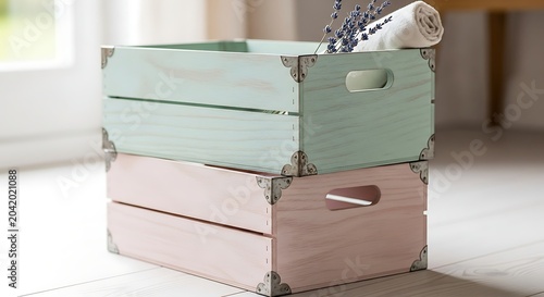Pastel Wooden Storage Crates Stacked on Bright Indoor Floor