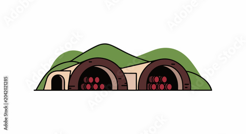 Underground cellar with barrels, carved into green hills