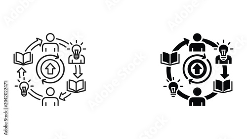 Knowledge transfer and learning loop icon set with books and lightbulbs for educational growth and training development concepts in professional black vector style for corporate training materials