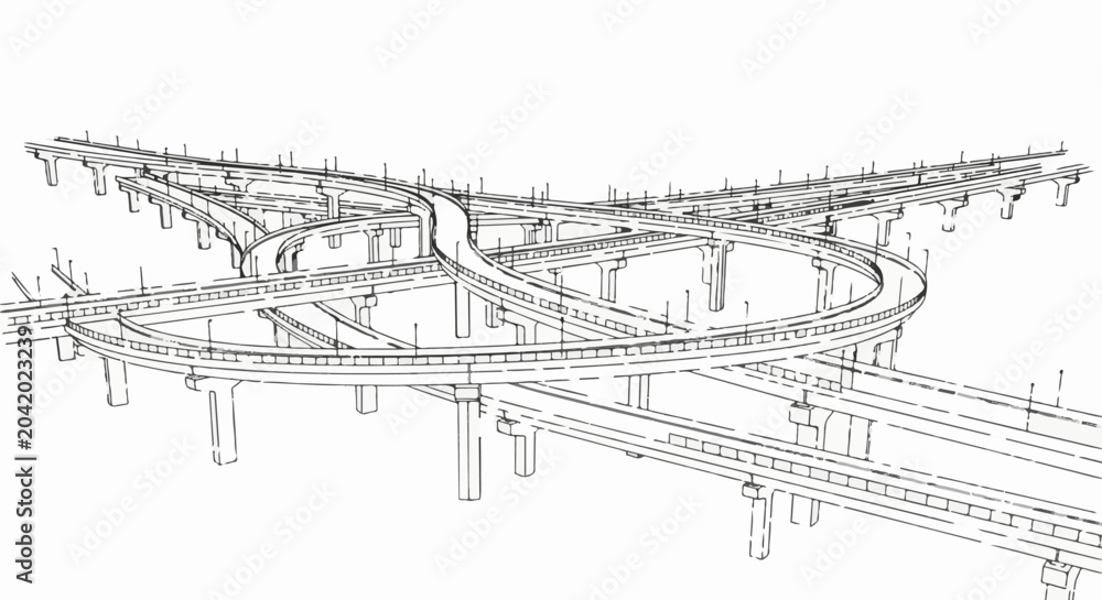 Fototapeta premium Intricate sketch of a multi-level highway interchange under a bright sky