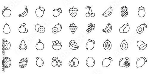 Assorted fruit icons line art collection apple banana strawberry watermelon pineapple