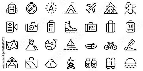 фотографія Travel and adventure icons set, camping, hiking, journey, vacation, expedition,