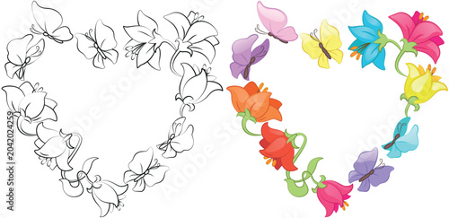 Available in black and white and color, this is a beautiful, romantic heart-shaped frame made up of colorful flowers and butterflies.